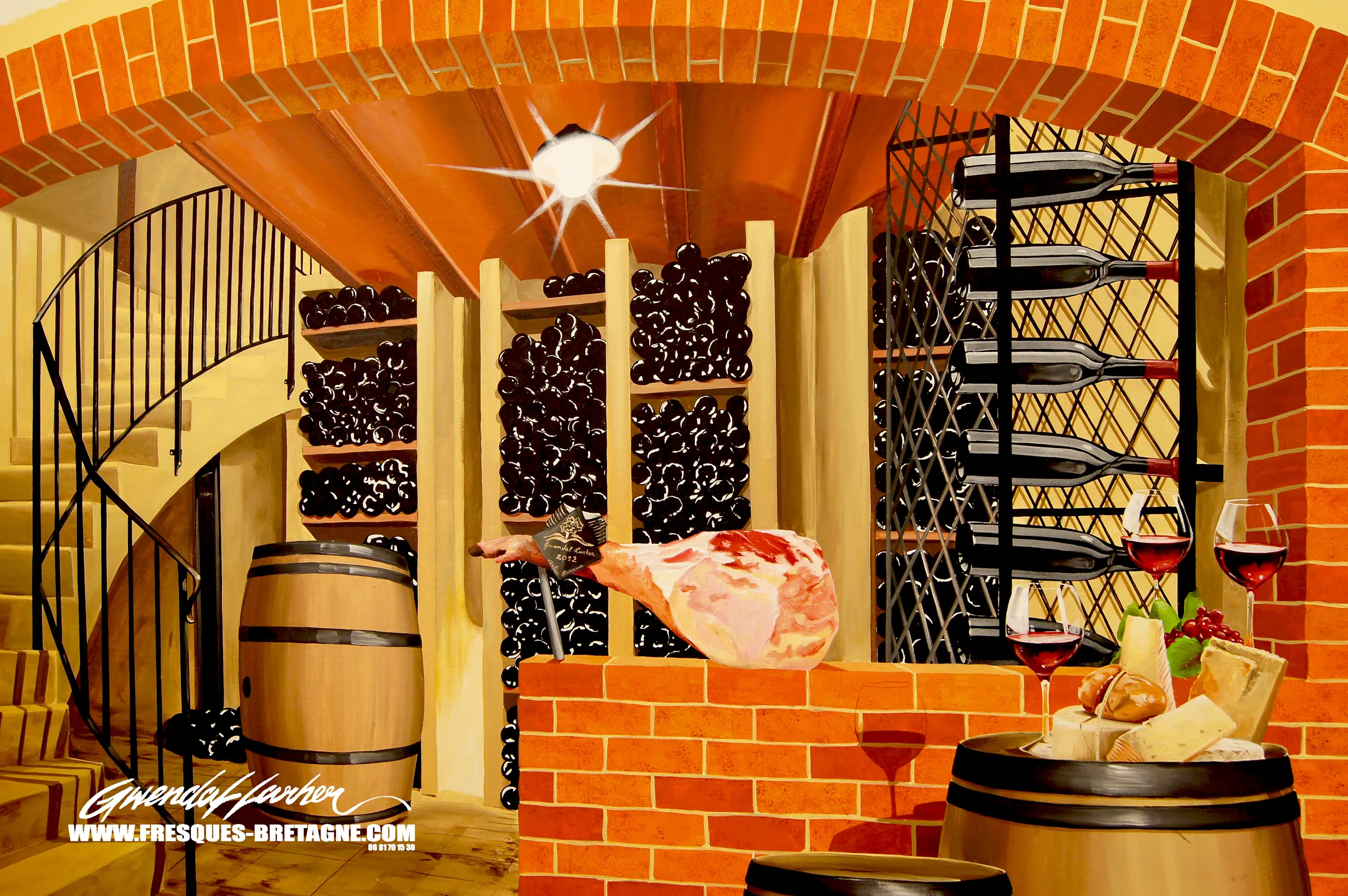 Détail nature morte: trompe-l'œil, bouteilles de vin, jambon et tonneaux, cuisine à Quimper
